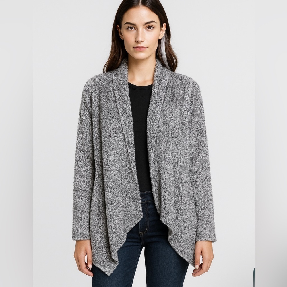 Soft Surroundings Women M Cozy Fuzzy Fleece Waterfall Cardigan Jacket Gray